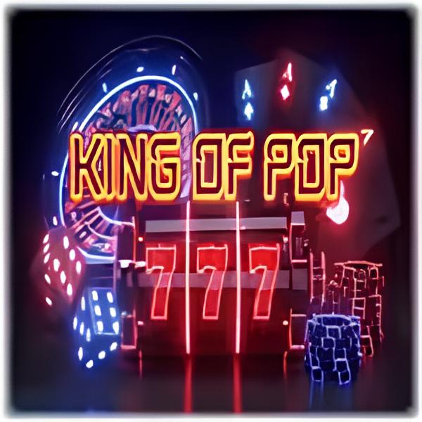 A neon-themed casino design with the text 'KING OF POP' in bold orange letters, surrounded by glowing dice, playing cards, a slot machine showing 777, and a roulette wheel.