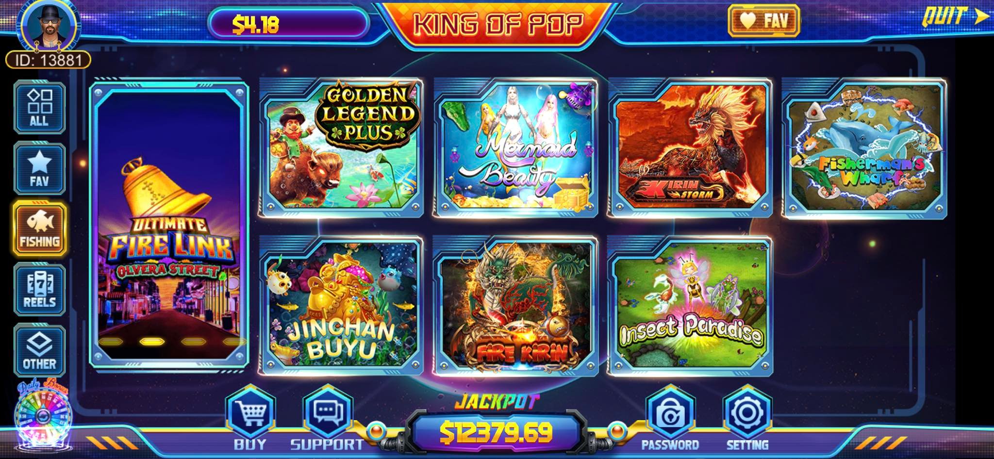 Game selection screen for 'King of Pop' with various slot game options, including 'Ultimate Fire Link,' 'Golden Legend Plus,' 'Mermaid Beauty,' and others, displayed in colorful tiles with a jackpot amount at the bottom